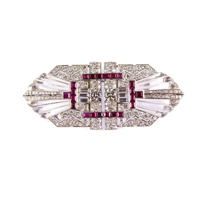 Diamond, ruby and carved rock crystal double clip brooch | MasterArt